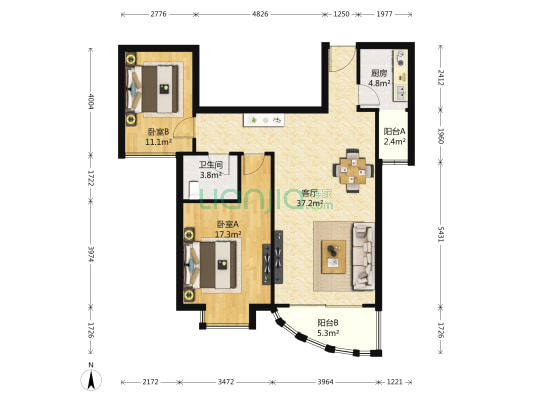 东方名居 2室1厅1卫 110平方