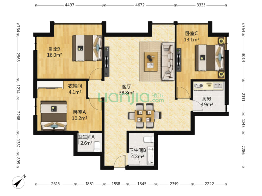 桂香庭园 3室1厅2卫 129平方