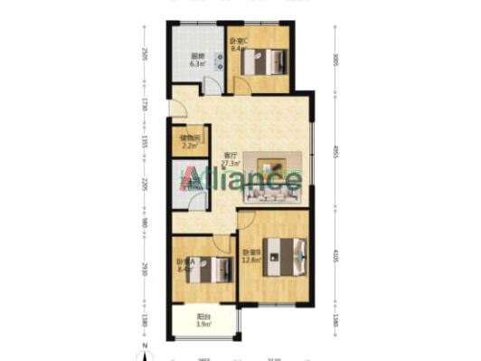 桃源新都孔雀城 3室2厅 南 北-户型图