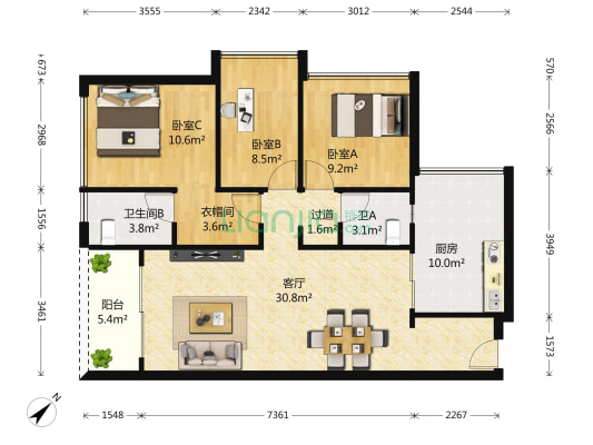 合正观澜汇一期 3室1厅2卫 88平方