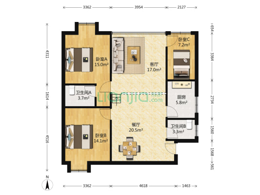 都康商住楼 3室2厅2卫 108平方