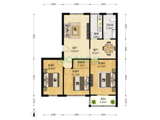马桥镇西街4号 3室2厅1卫 108平方