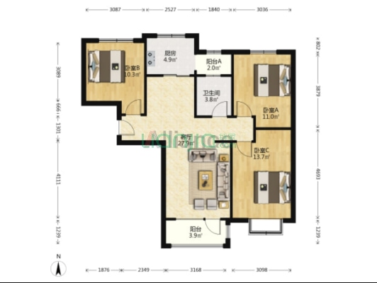 华融现代城 3室1厅 南 北-户型图