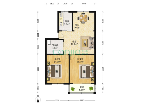 欣周花园 2室2厅1卫 93平方