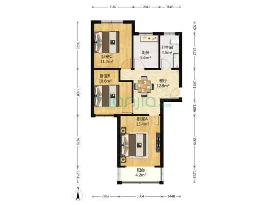 梅荆花苑五期 3室1厅1卫 90平方