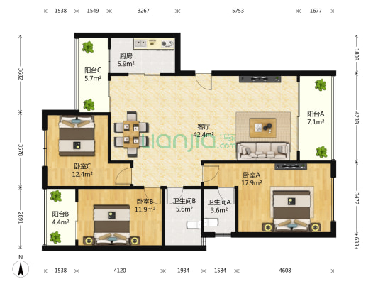 碧湖湾 3室1厅2卫 145平方