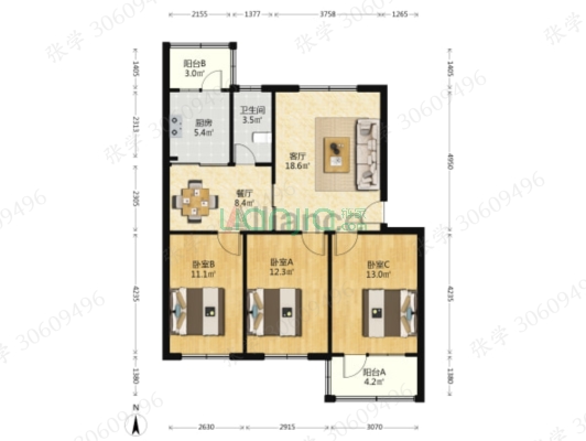 低楼层，南北通透，明厨明卫，车位充足-户型图