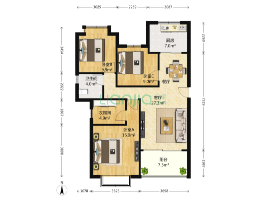 宏图上水云锦一期 3室1厅1卫 114平方