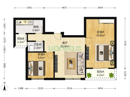 丰华园 2室1厅1卫 86平方