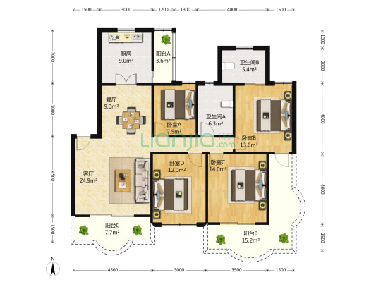 上海豪都国际花园(公寓) 4室2厅2卫 142平方