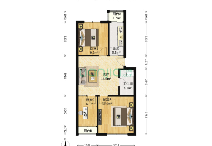 育仁里2号院 3室1厅1卫 72㎡ 户型