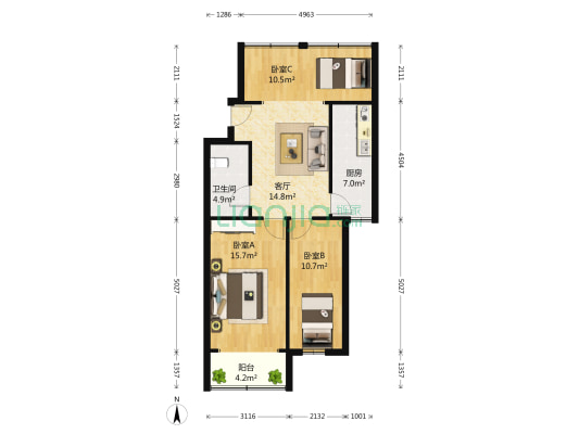 宏鹰花园 3室1厅1卫 74平方