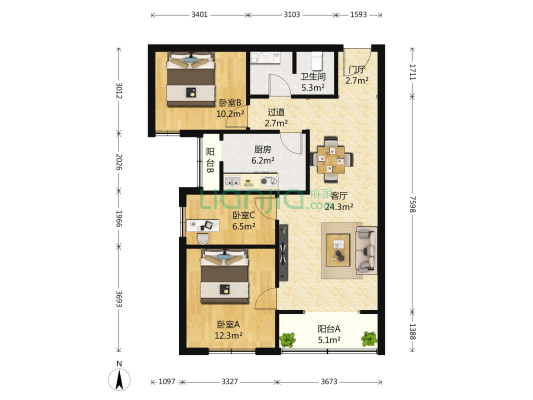 定福家园3号院 3室1厅1卫 110平方