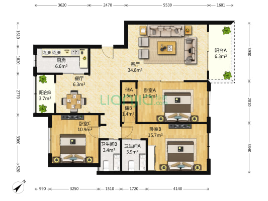 公园3000黄兴花园 3室2厅2卫 142平方