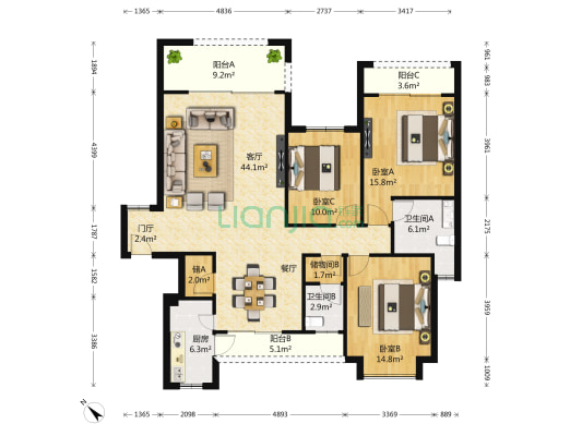 鹭湖宫二区 3室1厅2卫 144平方