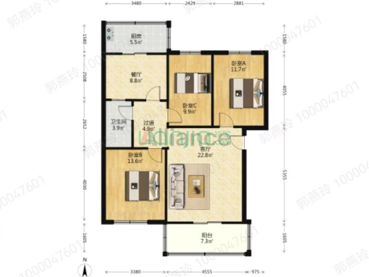 光明小区 精装修 南北通透三居 低楼层 采光无遮挡-户型图