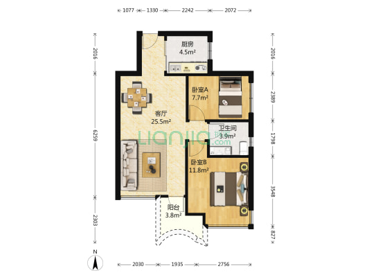 星海名城一期四组团 2室1厅1卫 70平方