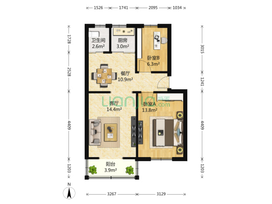 定淮门2号 2室2厅1卫 68平方