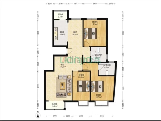 房子一梯两户电梯洋房南北通透中间层 楼下南面水系-户型图