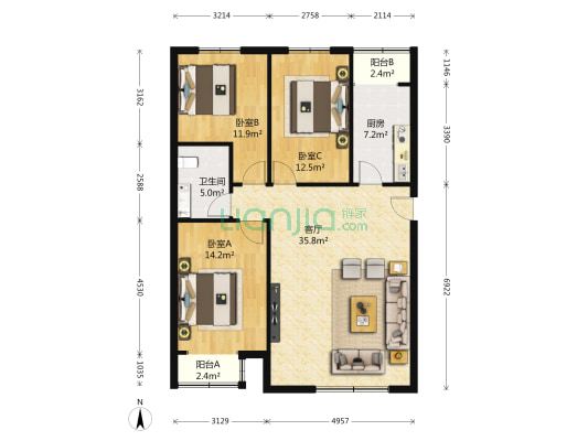 朝阳公寓 3室1厅1卫 124平方