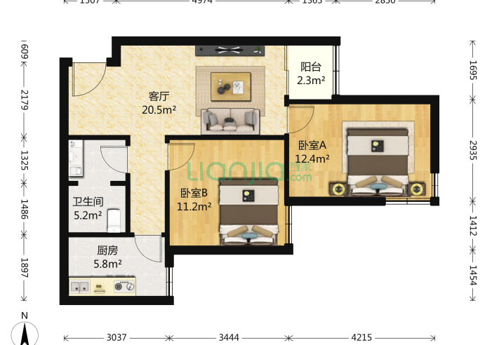 2室1厅1卫82㎡-北京太阳园户型图