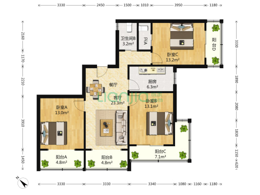 大隆花苑 3室2厅2卫 122平方