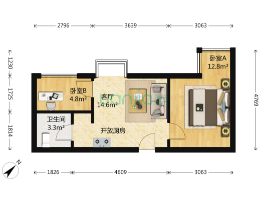 宜家时代 2室1厅1卫 55平方
