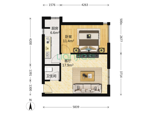 阿尔法社区 1室1厅1卫 47平方