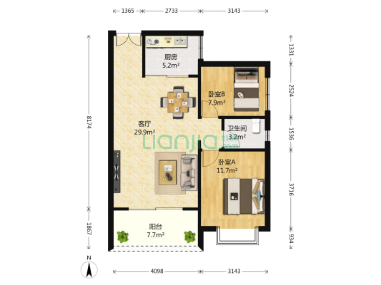 文园雅阁 2室1厅1卫 82平方
