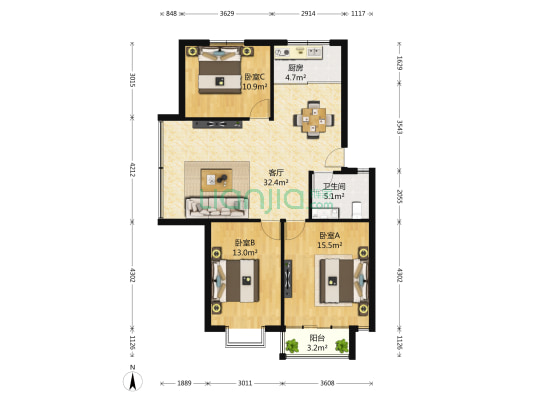 金岛花园 3室1厅1卫 103平方