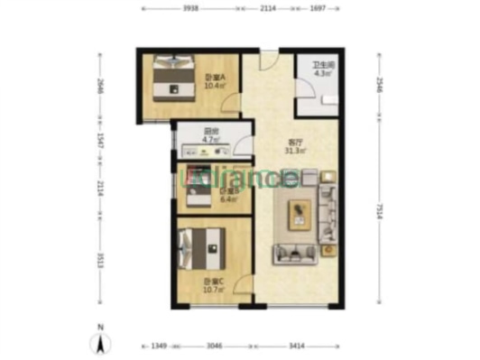 鸿坤全阳三居室   精装修   满二年   随时看房-户型图