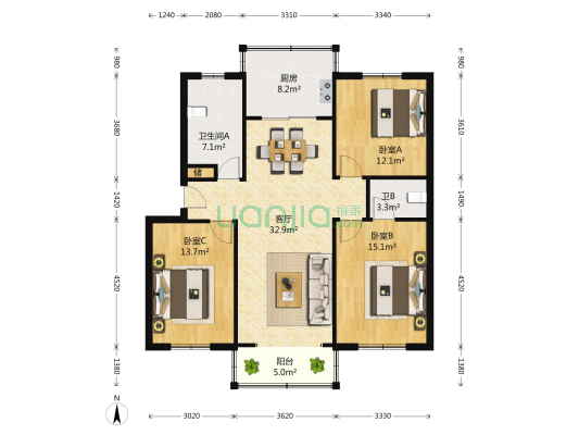 目华新村 3室2厅2卫 125平方