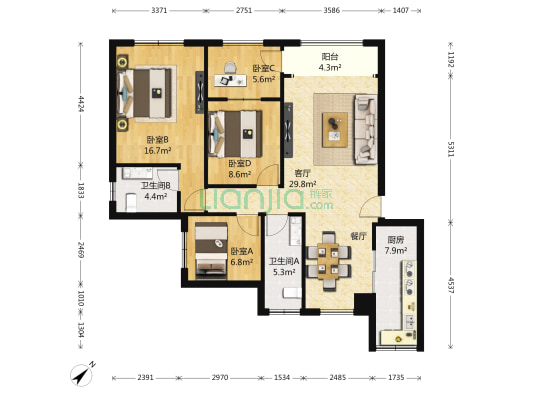 美天公园王府 4室1厅2卫 111平方