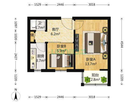 北线阁3号院 2室1厅1卫 43平方