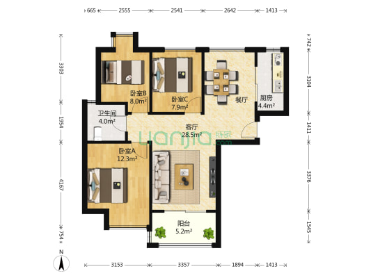 华润幸福里(南区) 3室1厅1卫 89平方