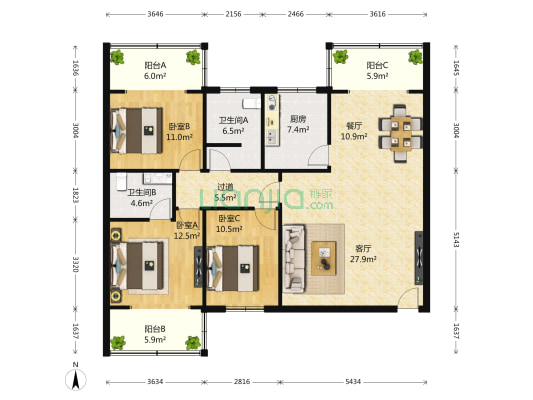 航空母舰小区 3室2厅2卫 138平方
