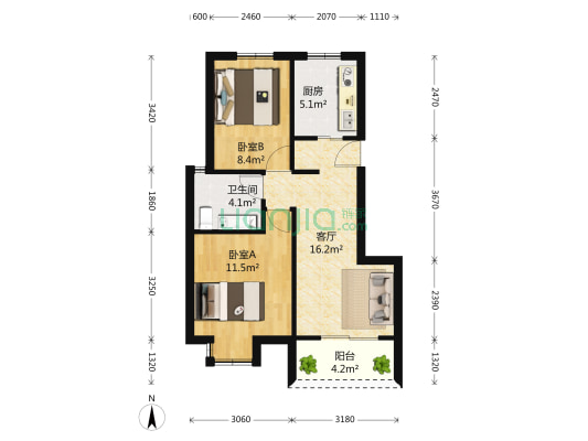 高行绿洲(四期) 2室1厅1卫 74平方