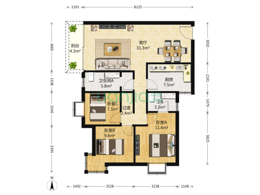 高发佳苑 3室1厅2卫 108平方