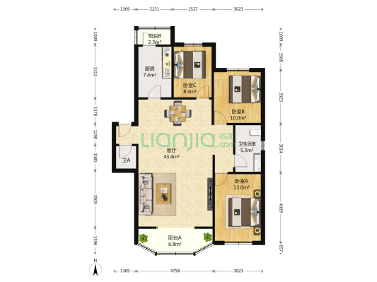 花明园 3室1厅2卫 129平方