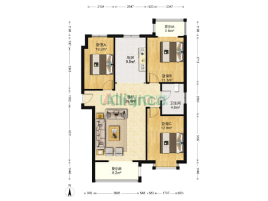 大3居 毛坯 中层 前面没有楼 南北通透 看房有钥匙-户型图