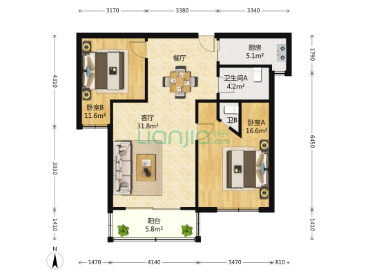 丽江苑 2室2厅1卫 98平方