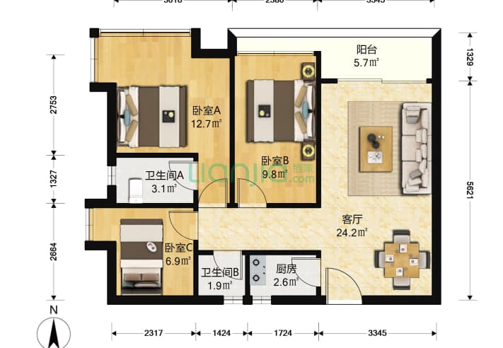 金城华庭 3室1厅2卫 76㎡ 户型(深圳链家网)