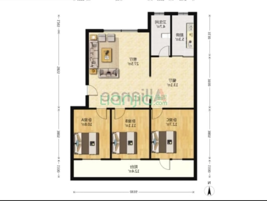 二康西侧，南北通透三居，次顶层，范阳路沿线-户型图