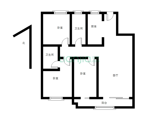 建业桂圆3期青云府二楼三房两厅一厨二卫-户型图
