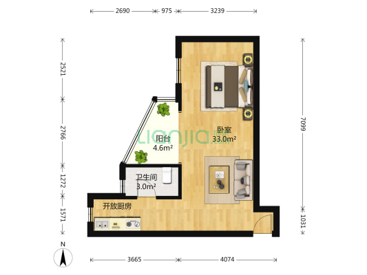城市新锐 1室0厅1卫 58平方