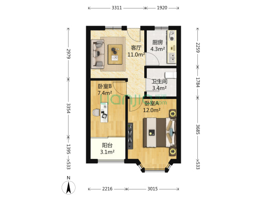 公园新寓 2室1厅1卫 59平方