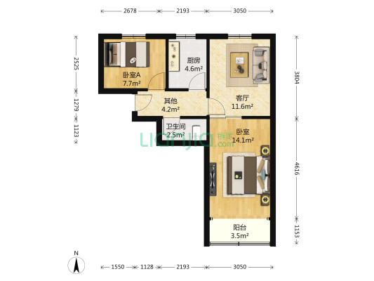 人民路（北岭） 2室1厅1卫 66平方
