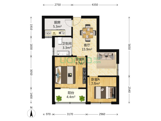 粤秀名邸 2室2厅1卫 67平方