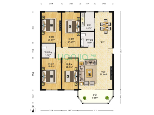 明珠街 4室1厅2卫 158平方