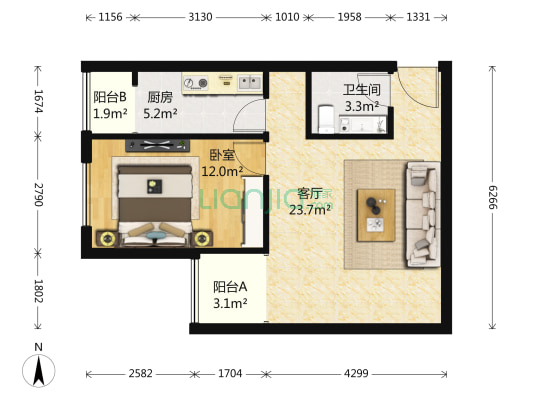 官苑8号 高楼层正规一居室 精装修诚意出售